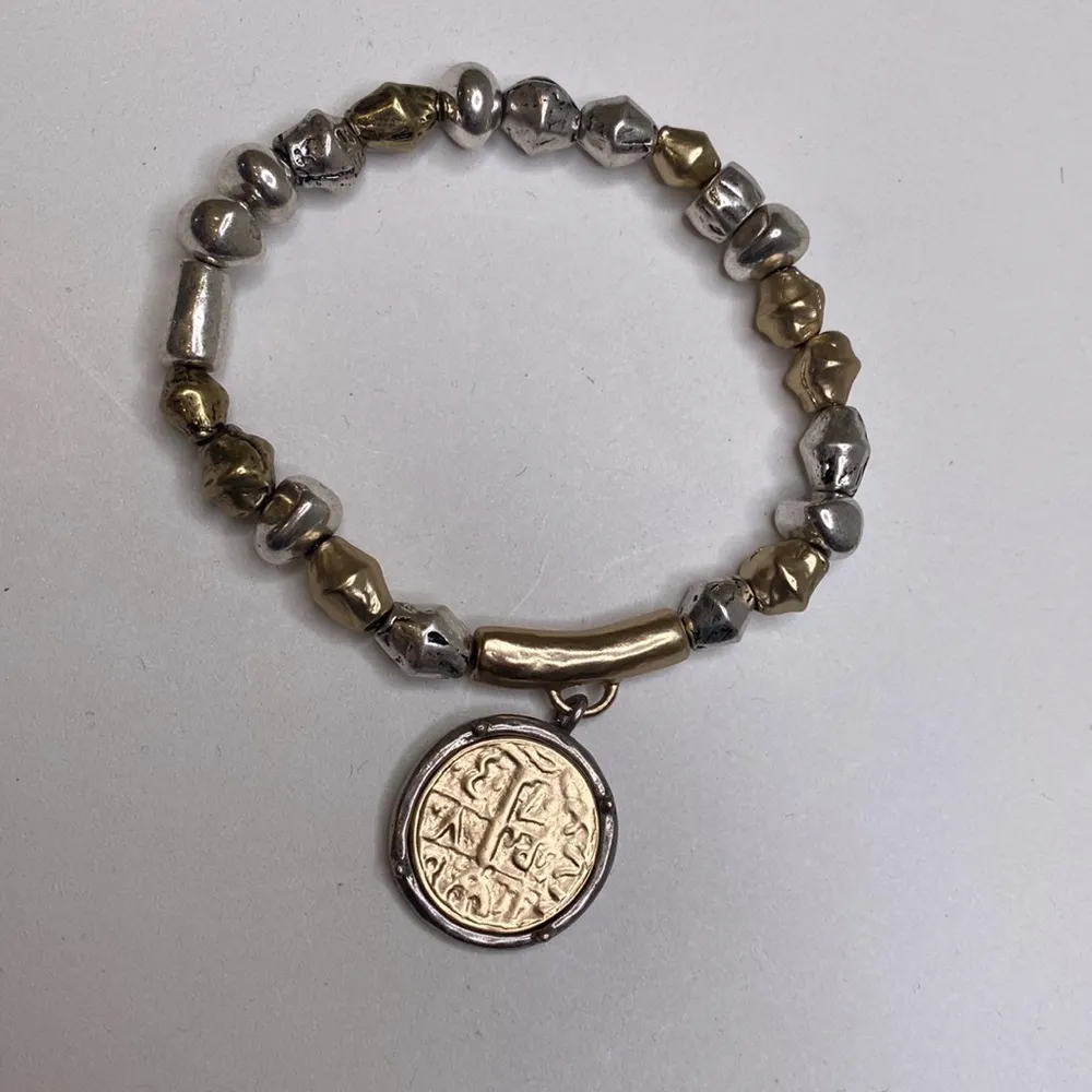 Chico’s Unsigned Gold-Tone & Silver-Tone Stretch Bracelet w/ Faux Coin Charm - Image 5