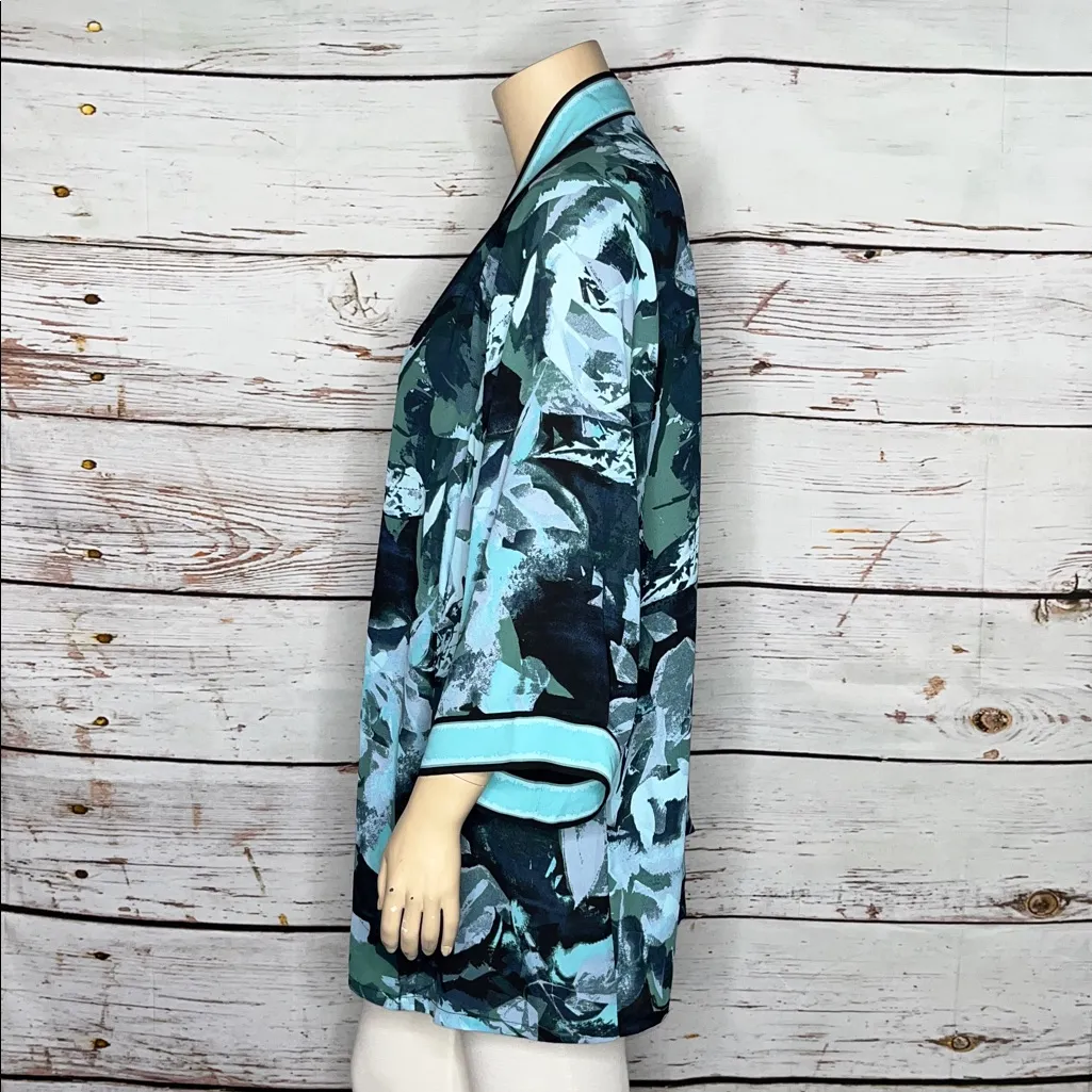 Bob Mackie Wearable Art 3X Blue & Green Floral Print Cardigan Jacket w/ Pockets - Image 3