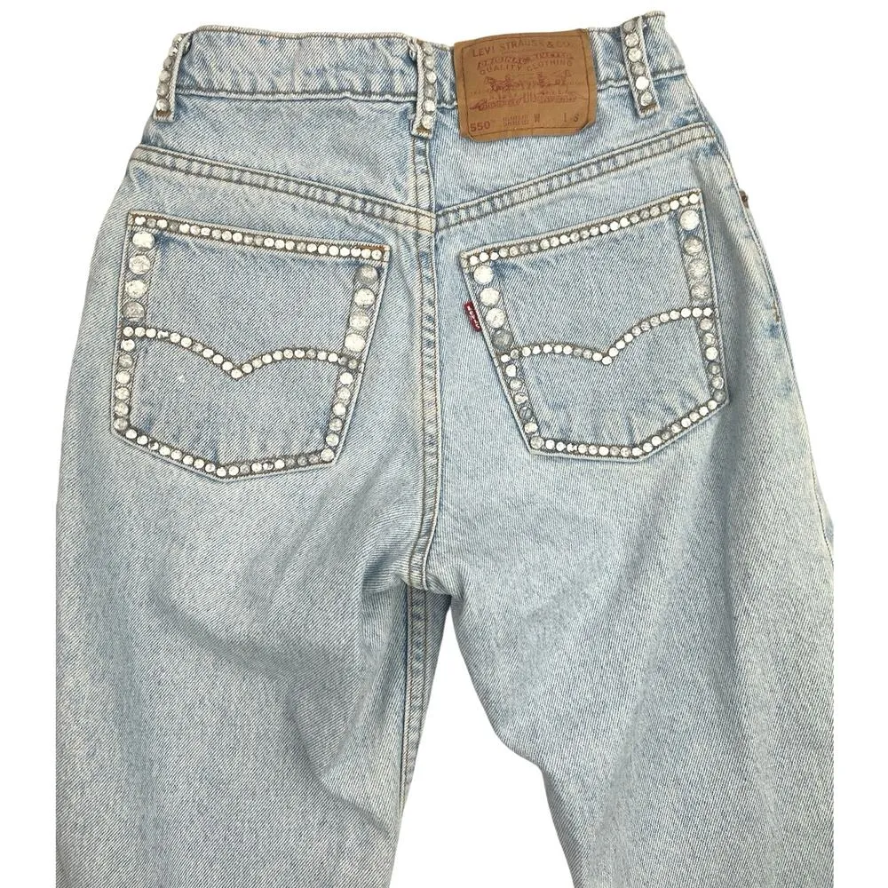 Levi Strauss 550 Blue Denim High Rise Relaxed Fit Cut Off Tapered Leg Jeans Sz S - Image 4