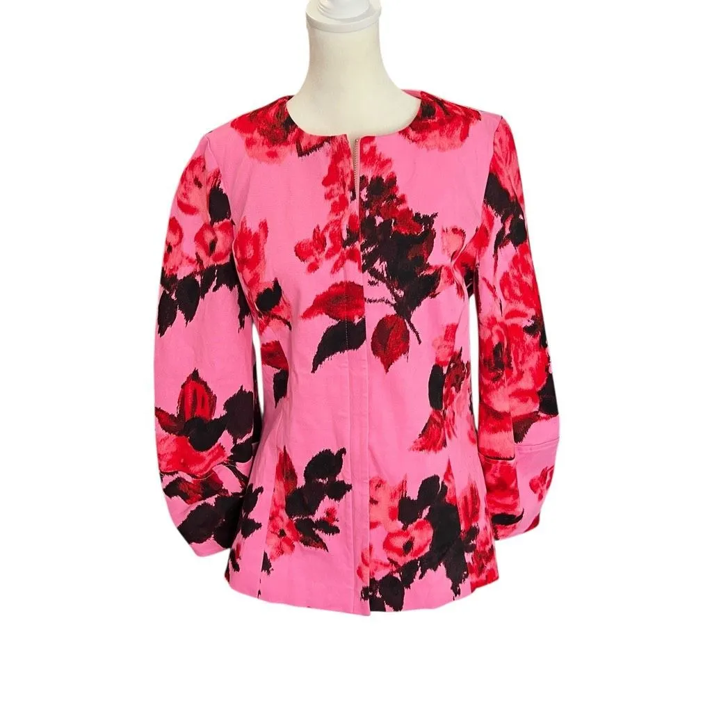 Tuckernuck Cerise Blossom Jacquard Jacket Pink Floral Zip Front Size 10 - Image 2
