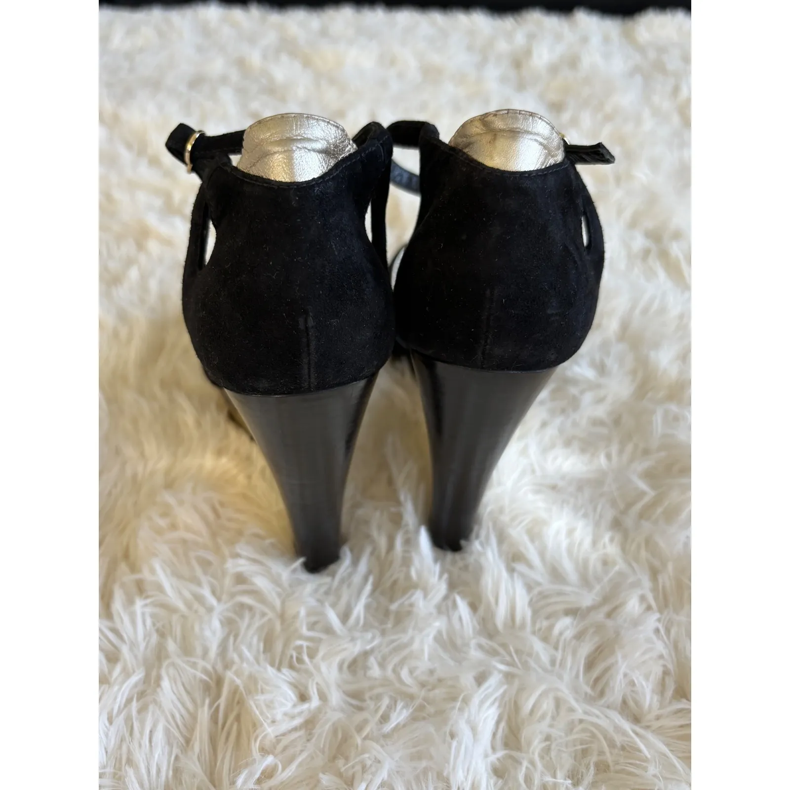 Fendi Black Suede Gold Wedge Heels Ankle Strap Made in Italy size 6‎ - Image 5