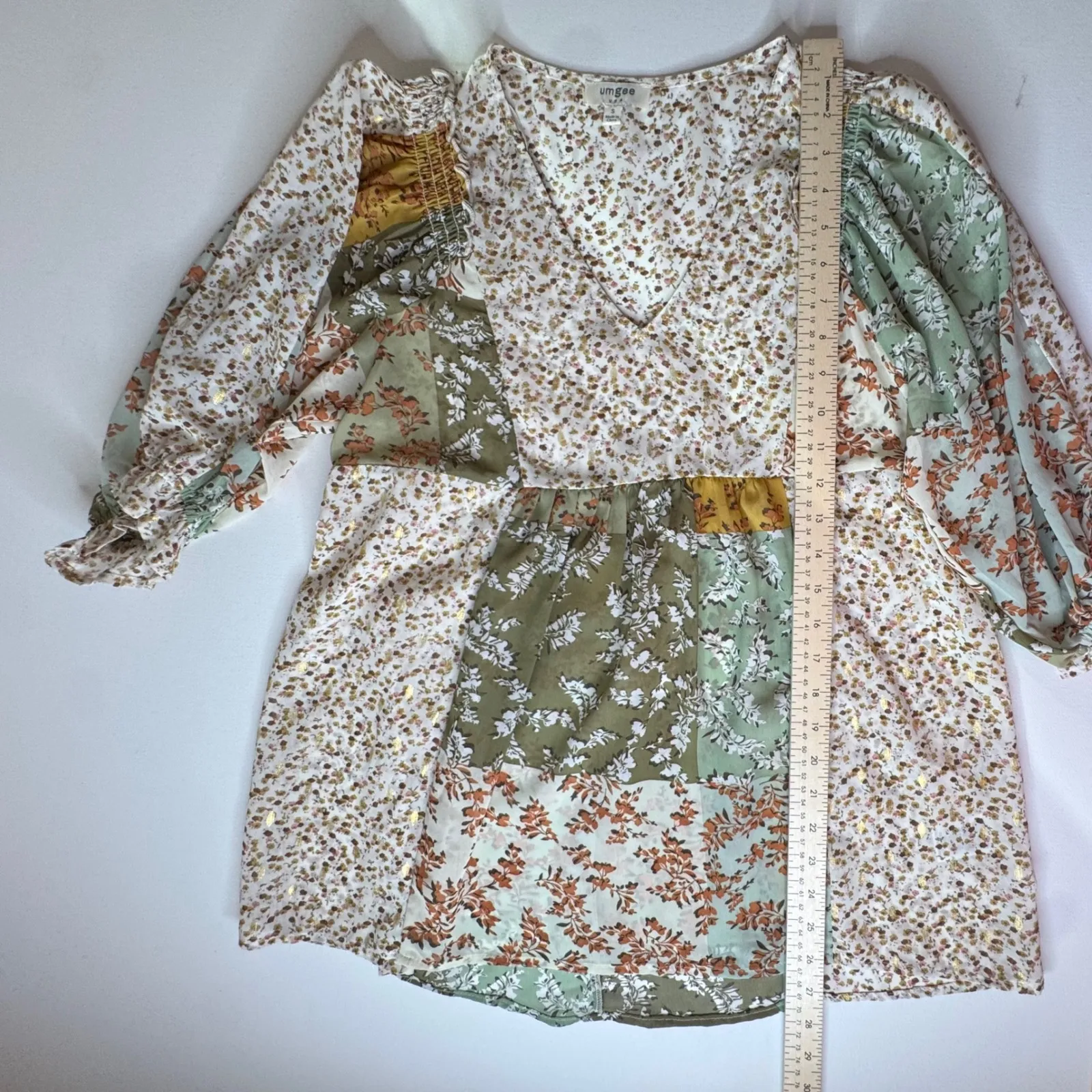 Umgee Patchwork Floral Peasant Tunic Top Small Sheer Smocked Metallic Cottage Green - Image 7