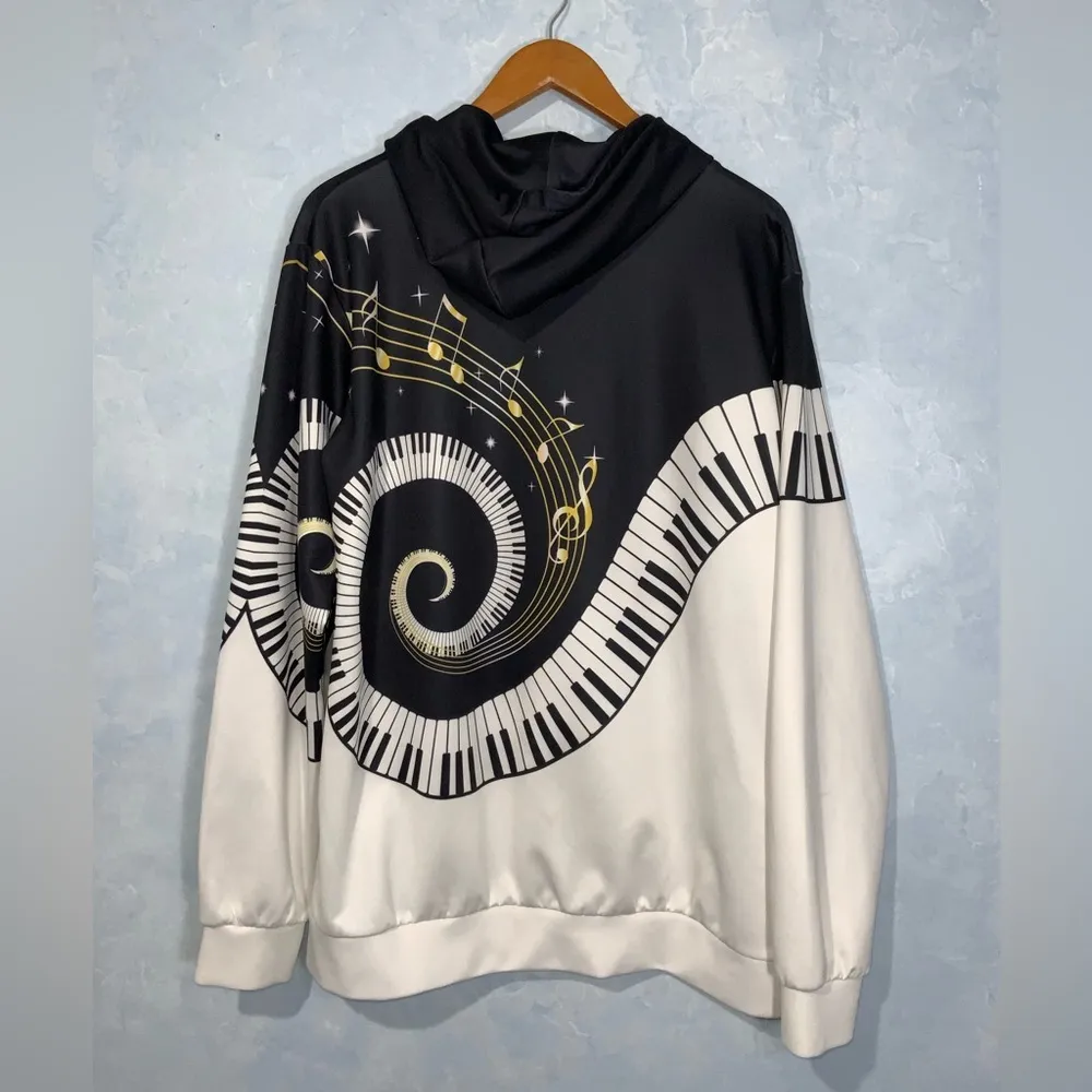 NEWCOSPLAY Black White & Yellow Piano Musical Notes Unisex Hoodie XXL/XXXL - Image 3
