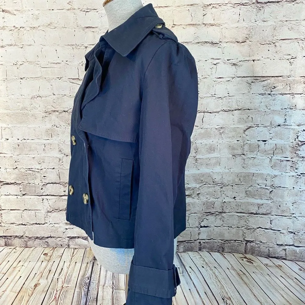 Bagatelle Womens Trench Coat Cropped Stretch Belted Cuff Stretch Blue Medium - Image 4