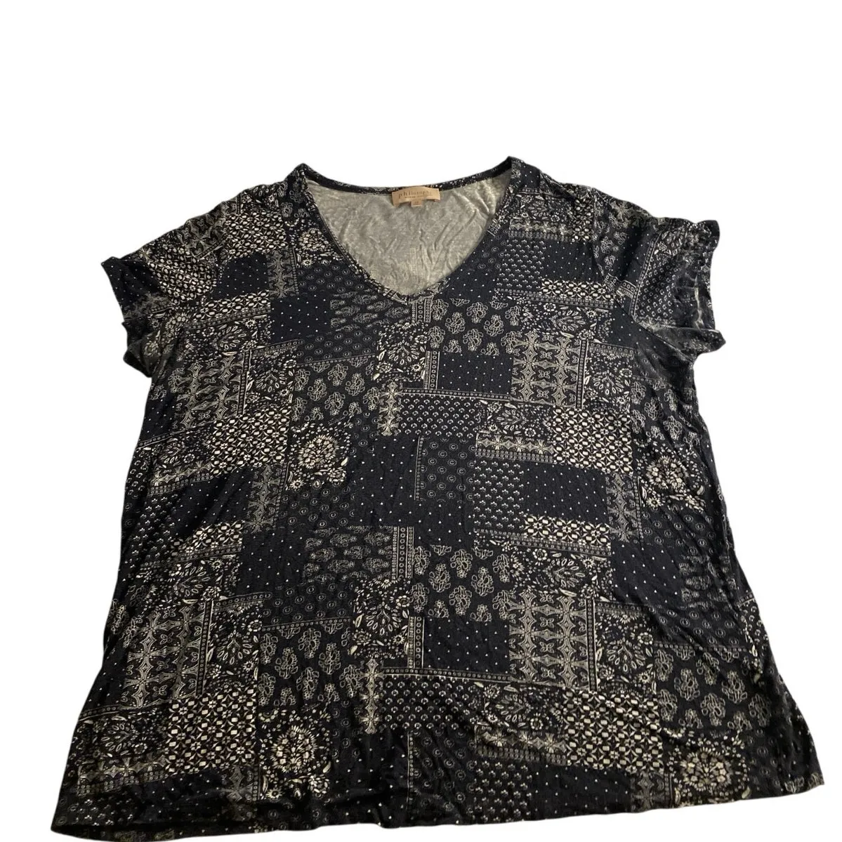 Boho Patchwork Print Tee Black Cream Philosophy Woman 1X - Image 2