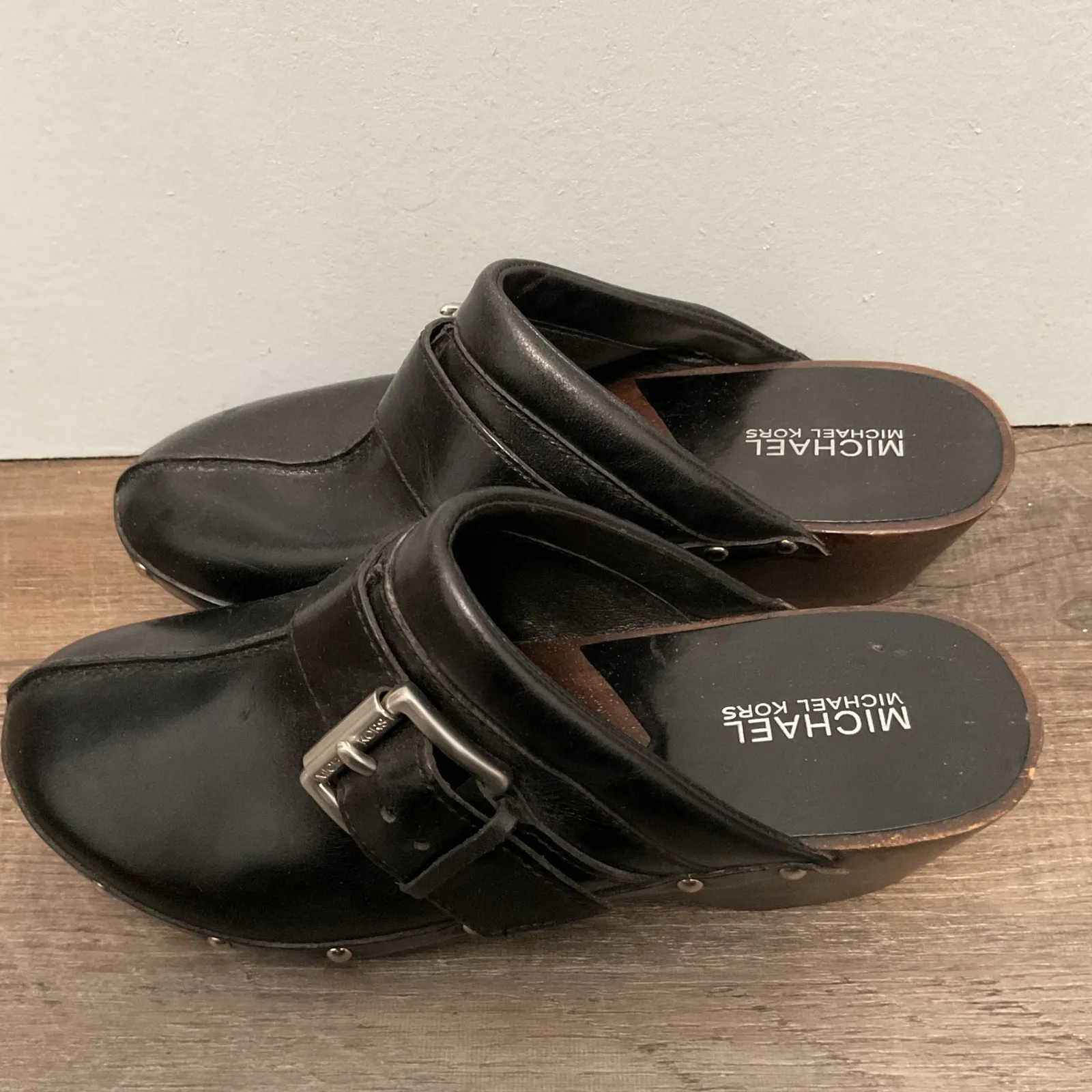 Michael Kors Black Leather Studded Buckle Clog Mules Women's Size 8M - Image 5