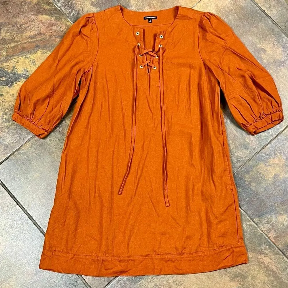 Who What Wear Burnt Orange Linen Blend Lace-Up Neckline Puff Sleeve Dress Small - Image 6