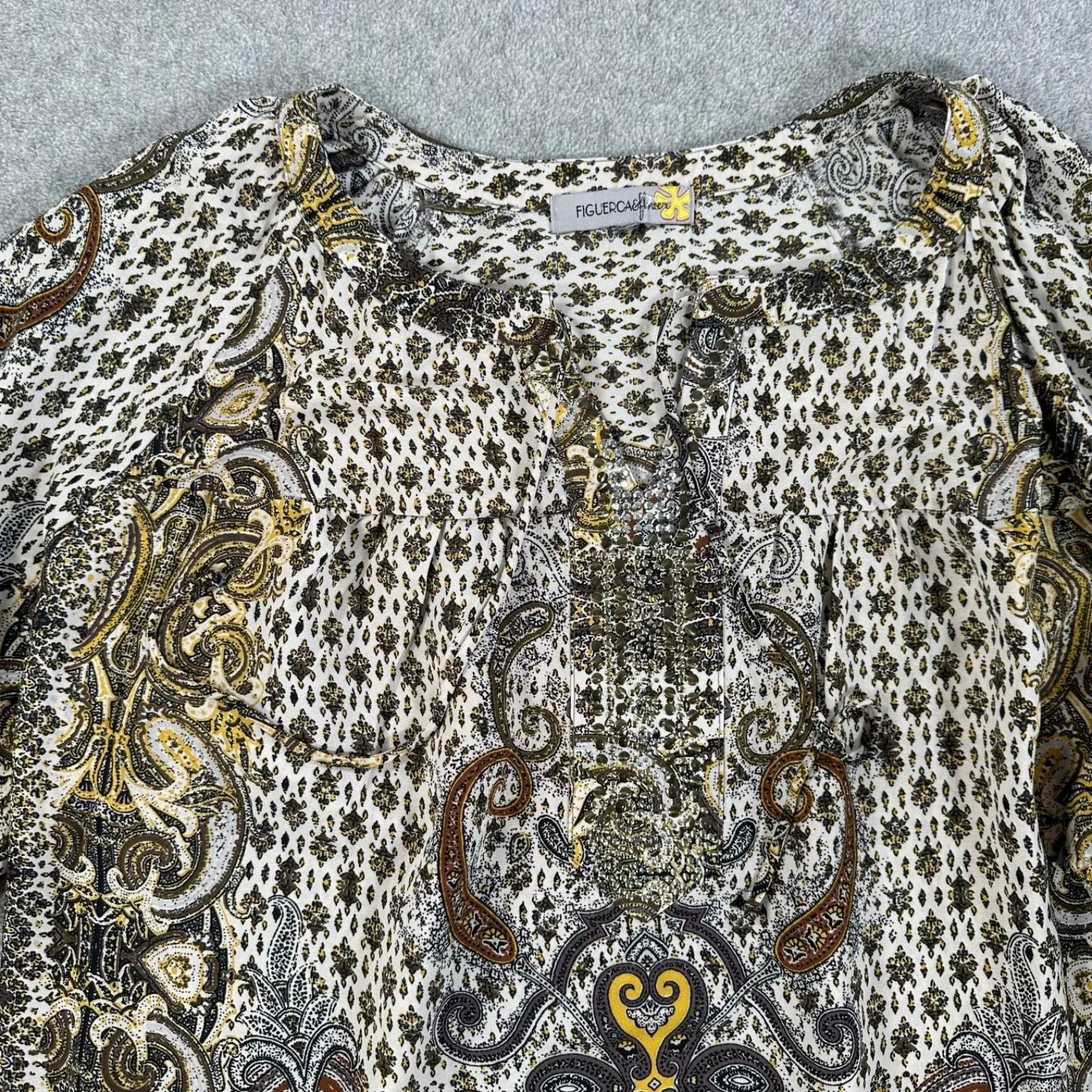 Figueroa & Flower Bedazzled Peasant Blouse Womens XL 3/4 Sleeve Brown Yellow Top - Image 4