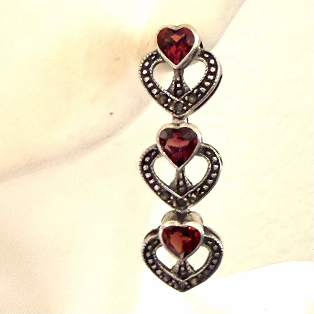 Sterling Silver Marcasite & Garnet Heart Drop Earrings - Image 4