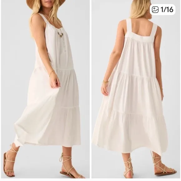Faherty Marina Seersucker Midi Dress CS White Sleeveless Organic WDU2368 Boho XS - Image 2