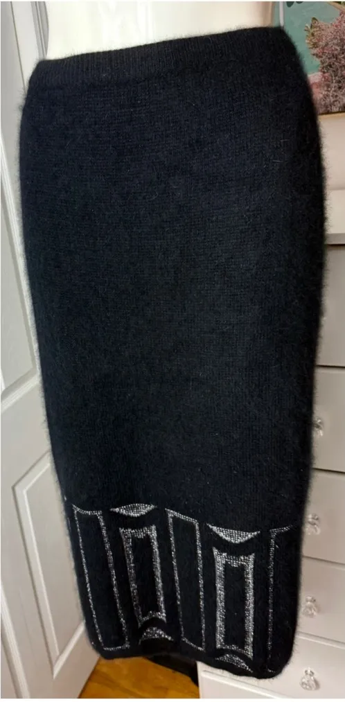 EREZ Black Silver Angora Rabbit Fur Lambswool Knit Midi Skirt Size Medium - Image 1