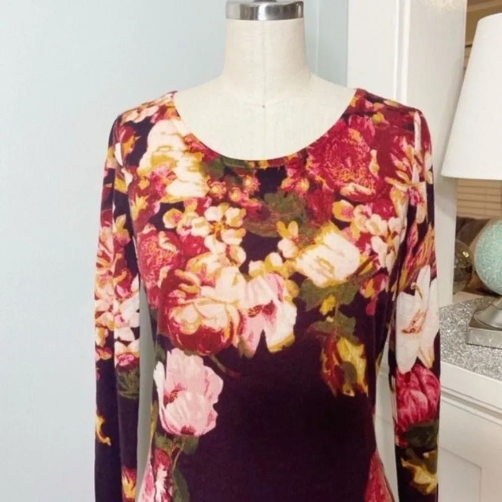 Talbots Luxury Merino Wool Floral Sweater Burgundy Gold Pink XS - Image 3