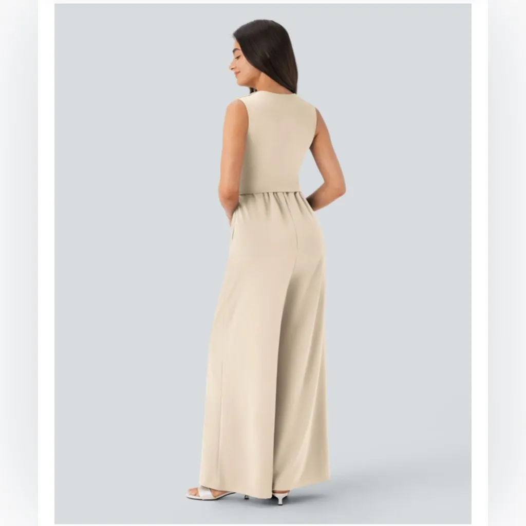 NWT HALARA SculptKnit V Neck Sleeveless Ruched Pocket Jumpsuit-Easy Peezy SIZE M - Image 3