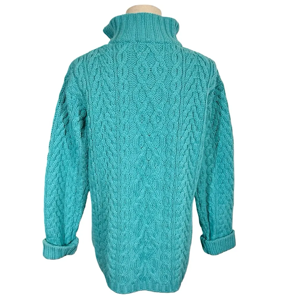 Aran Crafts 100% Merino Wool Turquoise Cable Knit 1/4 Zip Turtleneck Sweater Blue Size M - Image 5