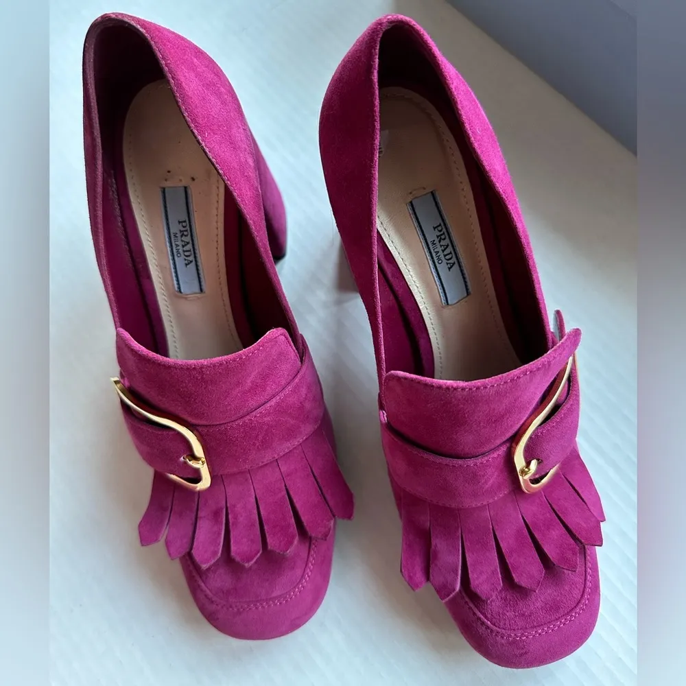 Prada Block Heel Suede Loafers w/ Buckle Pink Size 8/38 NEW - Image 4