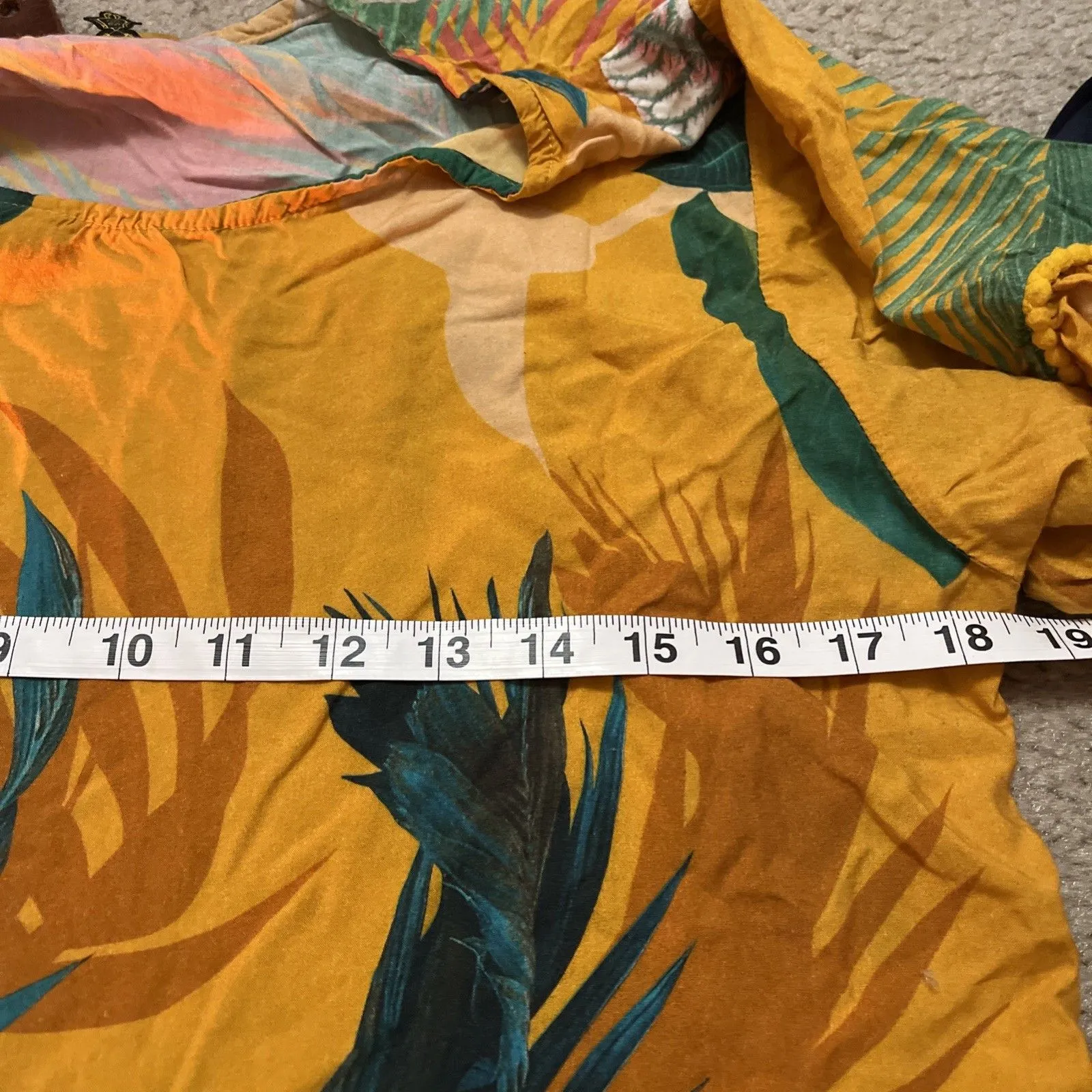 Womens Tropical Flared Sleeves Tunic Small Pom Pom Resort Flower Beach Brazil Yellow - Image 6