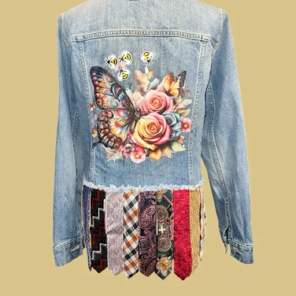 Denim Jacket redesigned with Floral Accent and necktie design Hem - Image 6