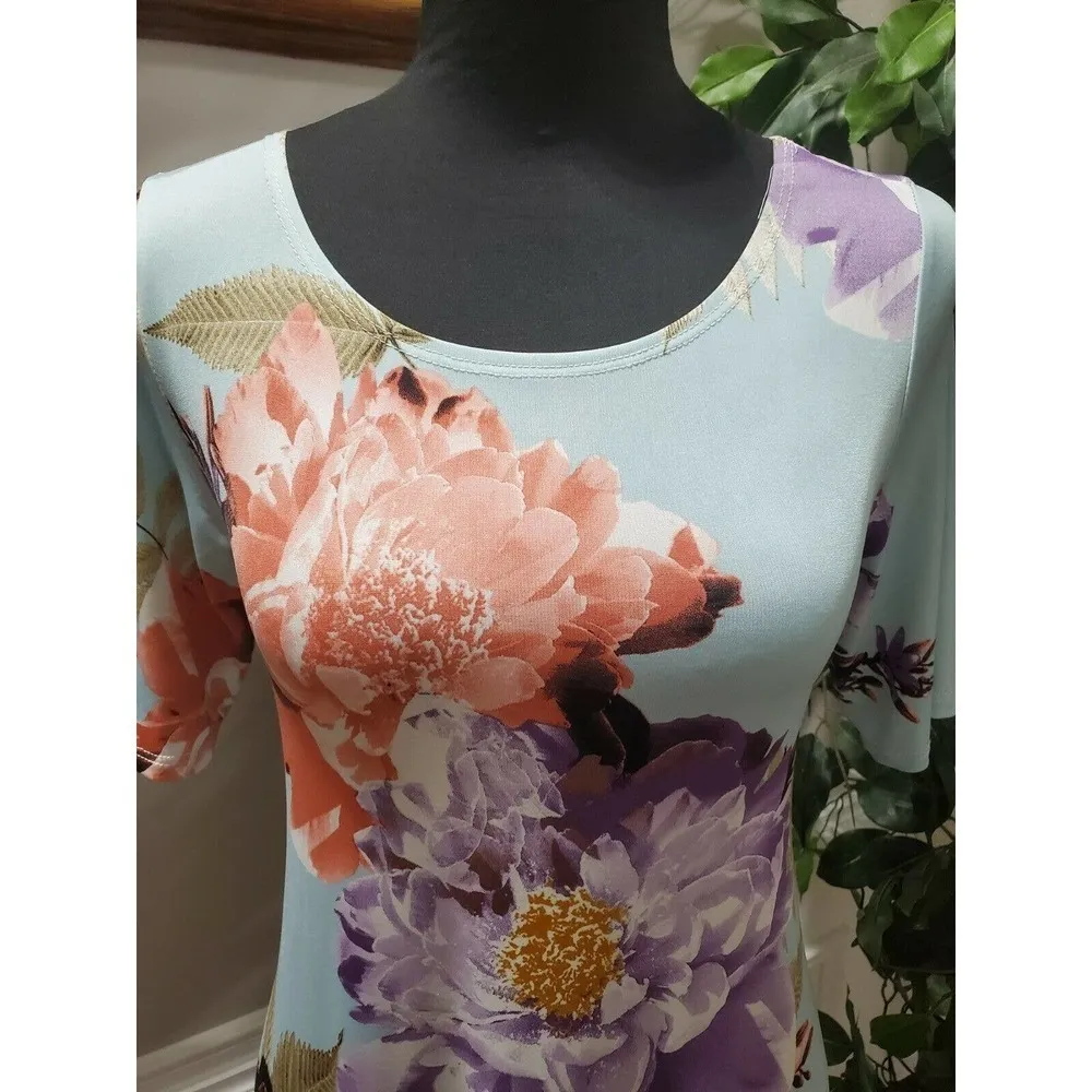 Multicolor Women's Floral Polyester Half Sleeve Scoop Neck Knee Length Dress S - Image 5