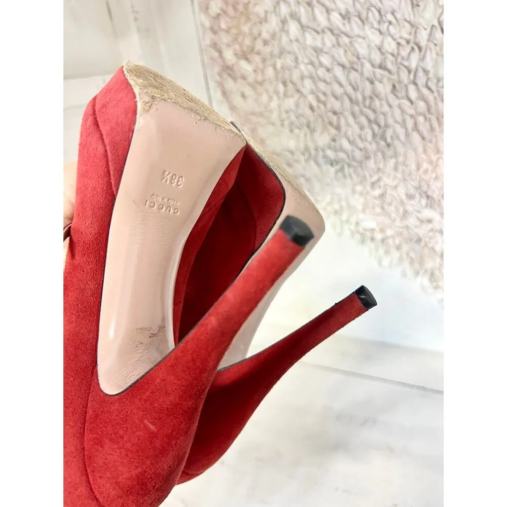 Gucci Lisbeth Suede Strappy Peep Toe Stilettos Heel Pumps Rose Bed Women's 38.5 - Image 10