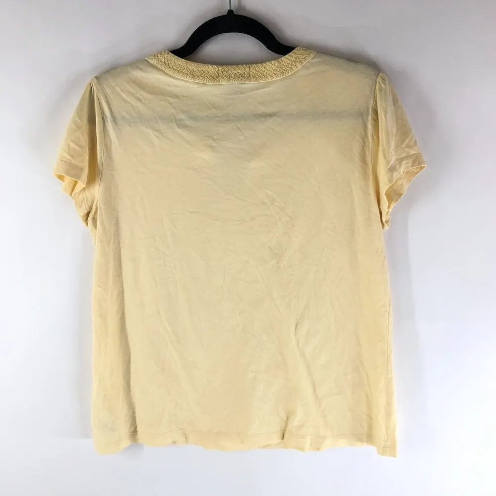 Eddie Bauer Womens Top Pima Cotton Split Neck Embroidered Short Sleeve Yellow L - Image 3