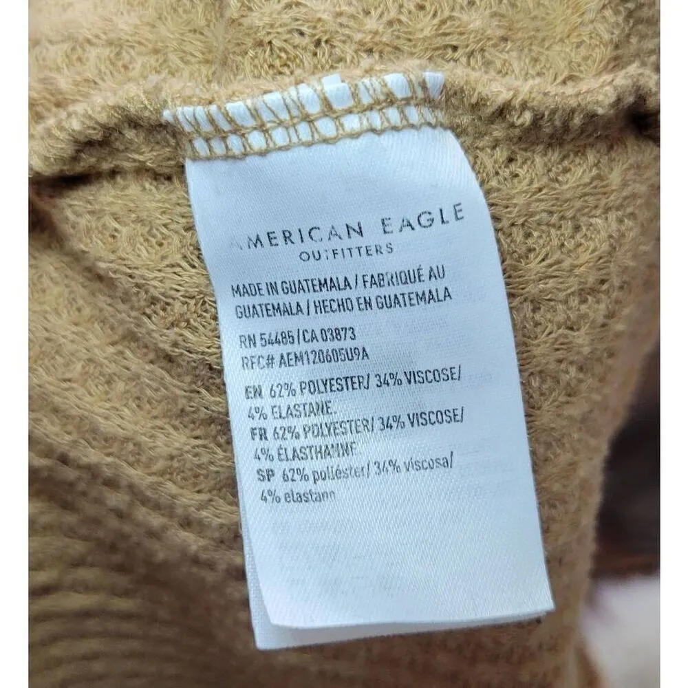 American Eagle AEO Light Brown/Yellow Waffle Knit Button Down Long Sleeve Tie Fr - Image 5