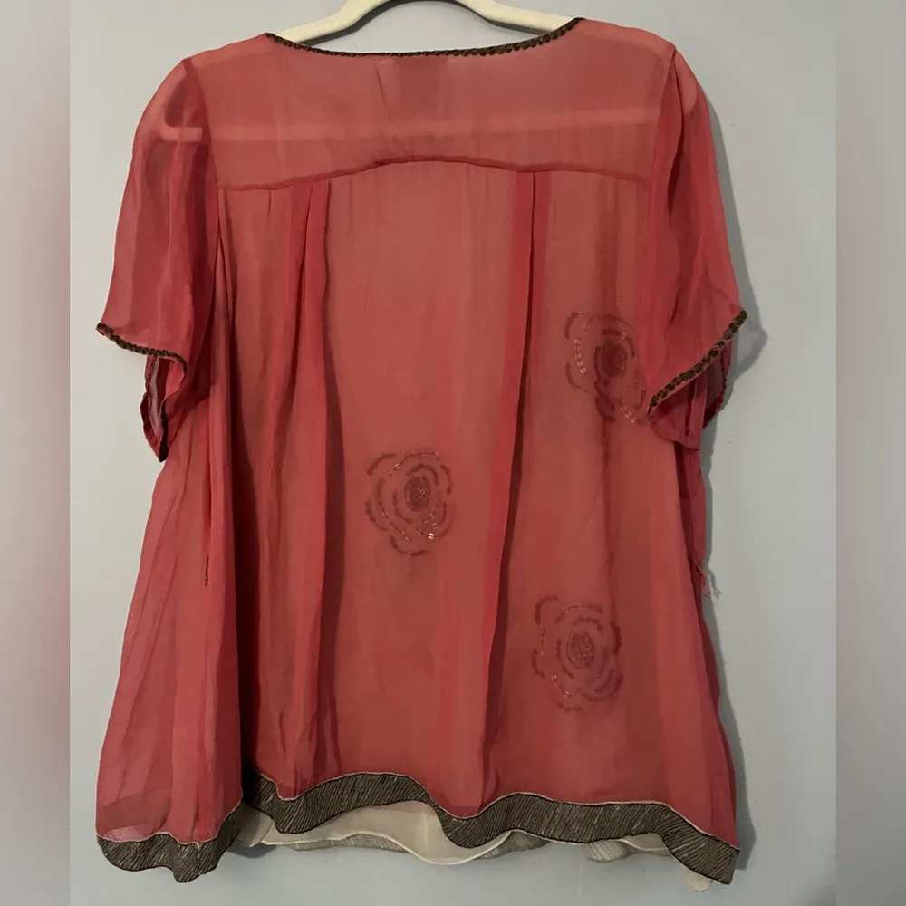 Saivana Sheer Orange Pink Top floral underlay silk made in India Sz XL - Image 5
