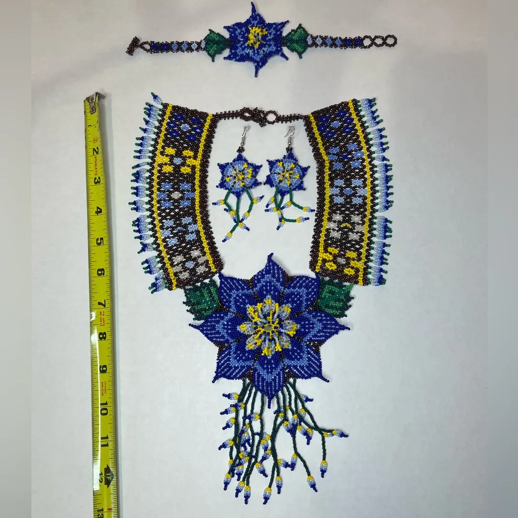 Handmade Blue (multicolor) Beaded Floral Jewelry Set - Image 4