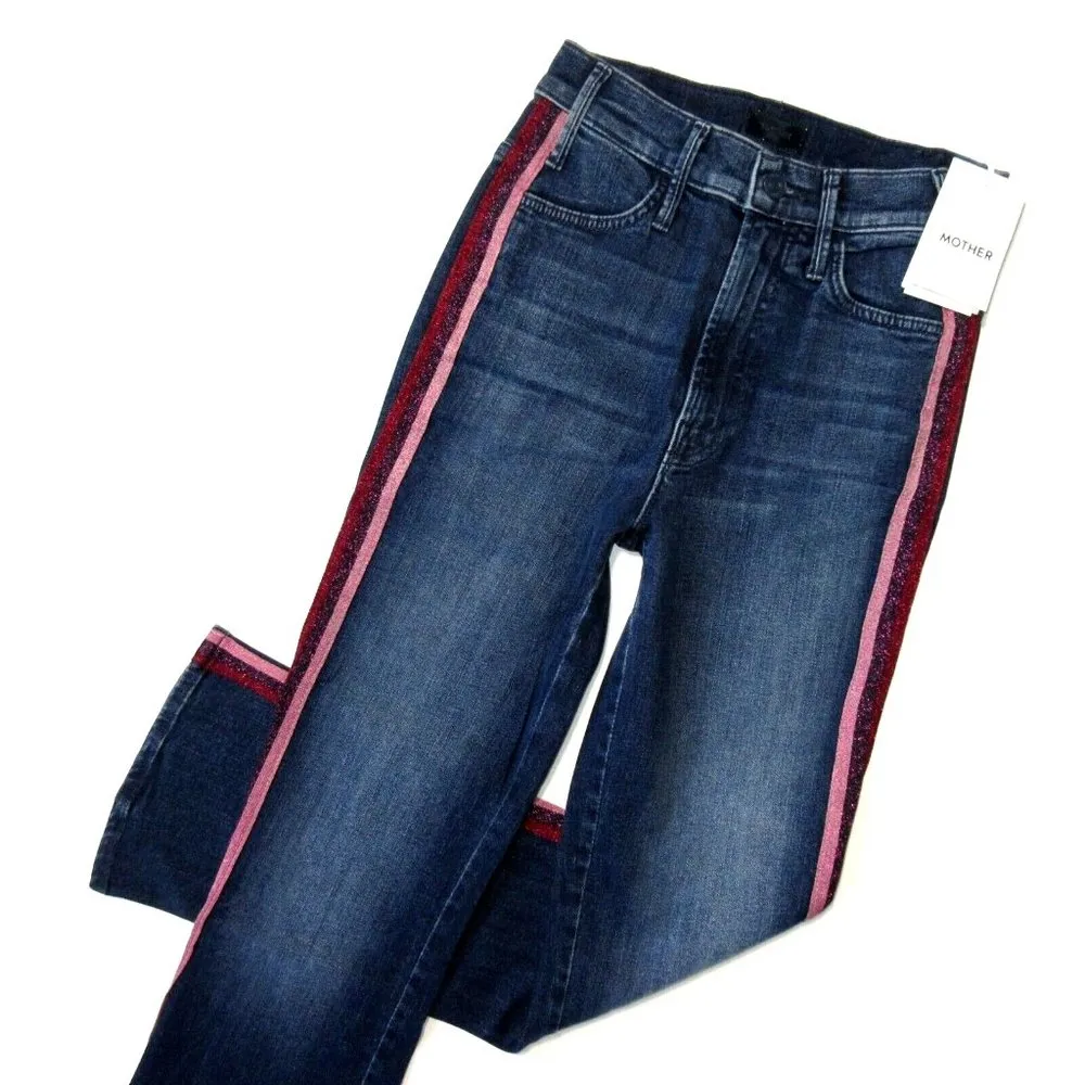 NWT Mother Hustler Ankle in Here Kitty Glitter Racer Crop Flare Stretch Jeans 24 - Image 2