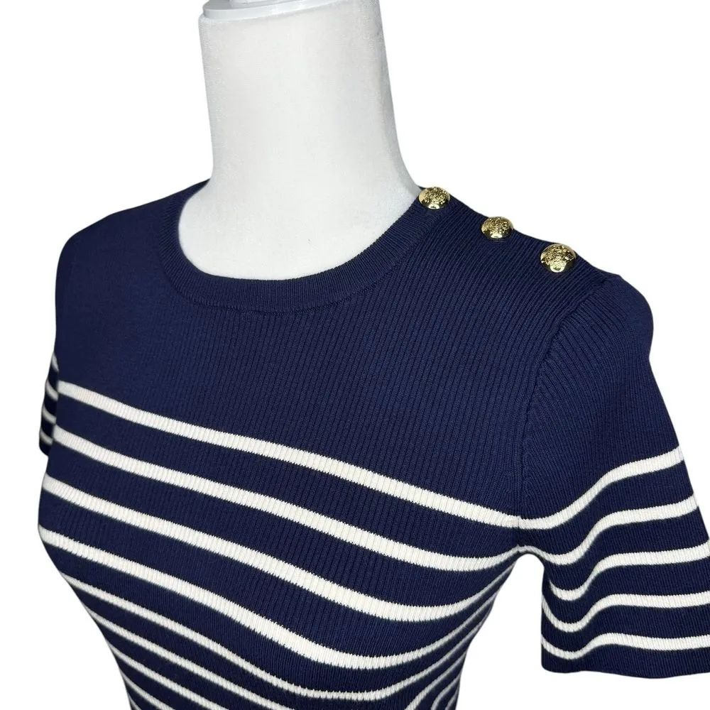 New LRL Ralph Lauren S Short Sleeve Sweater Breton Stripe Navy White Gold Button - Image 3