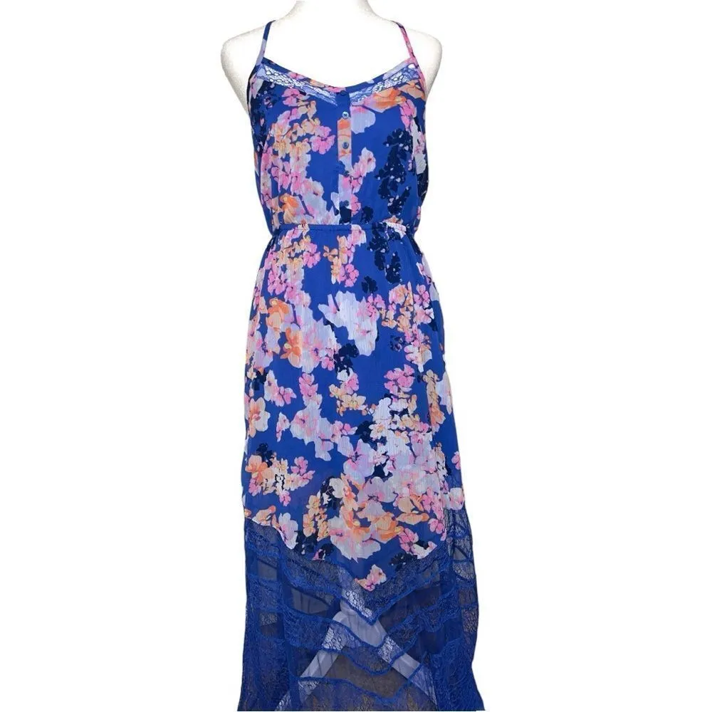 Candies pretty blue floral design maxi dress , lace bottom & spaghetti straps. - Image 2