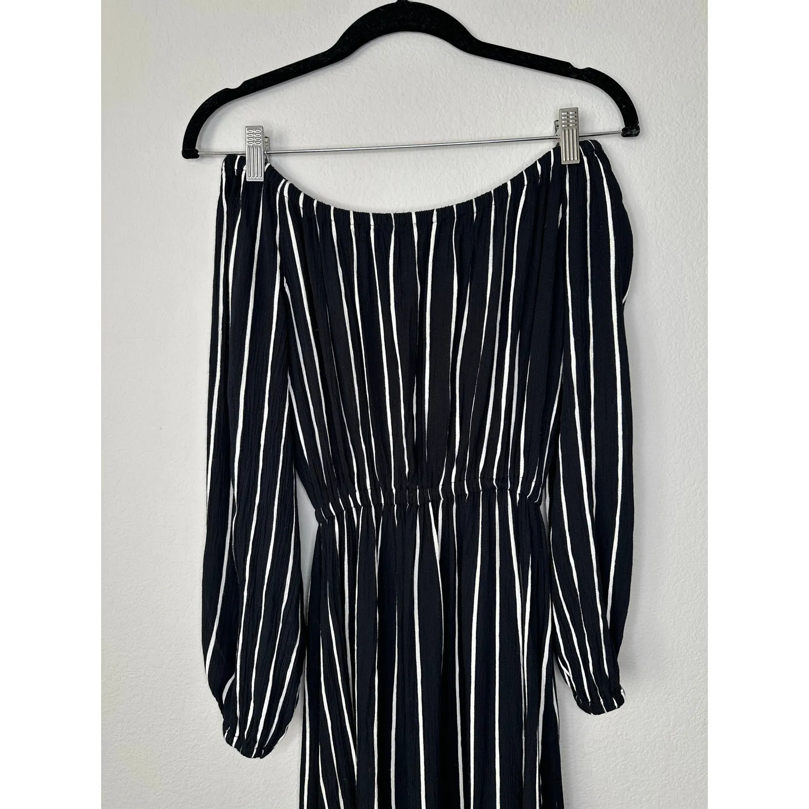 BILLABONG Off The Shoulder Long Sleeve Maxi Dress Black White Vertical Stripe - Image 5