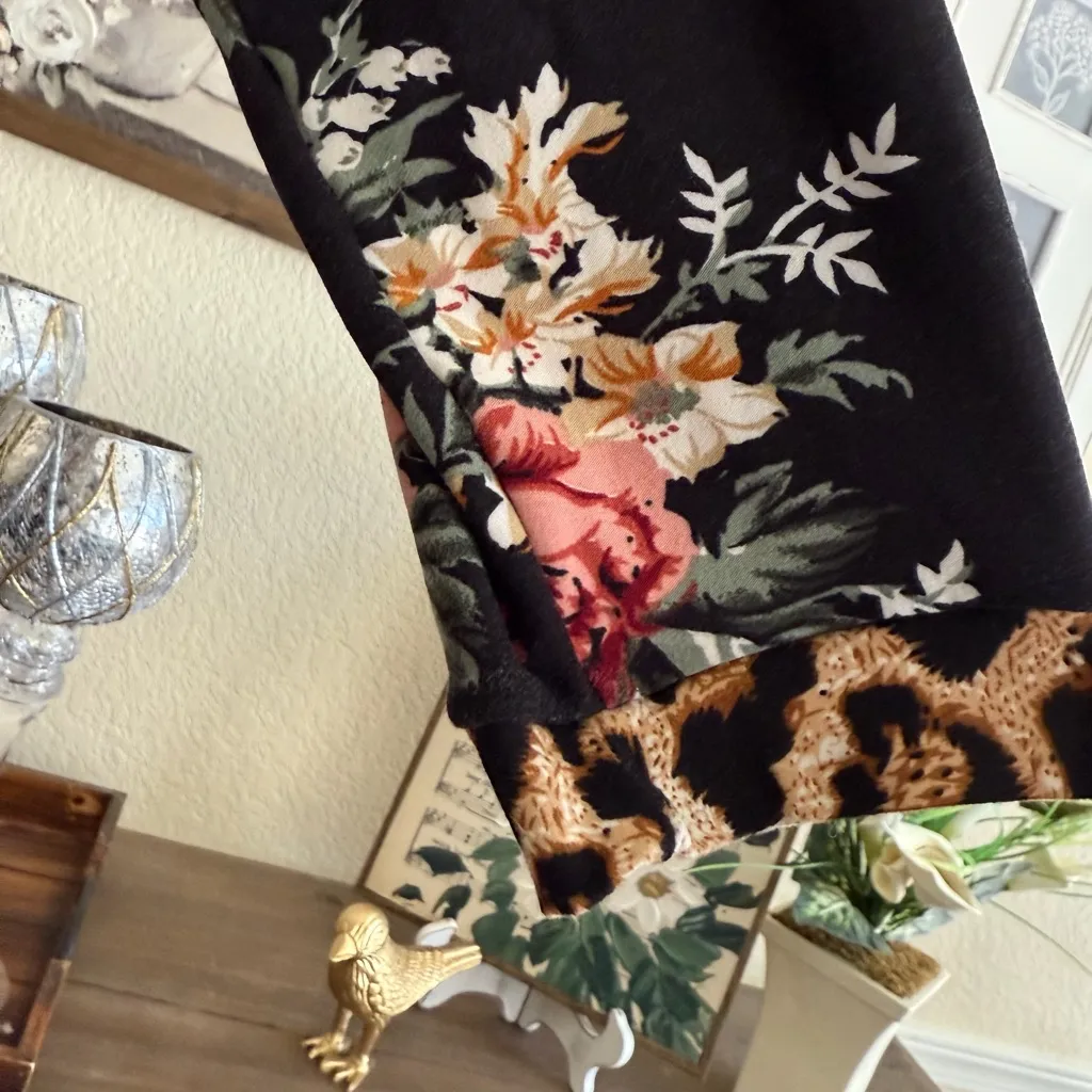 Black Floral Maxi Dress Leopard Trim Long Sleeve Soft Stretch Fall Boho Style L Size L - Image 4