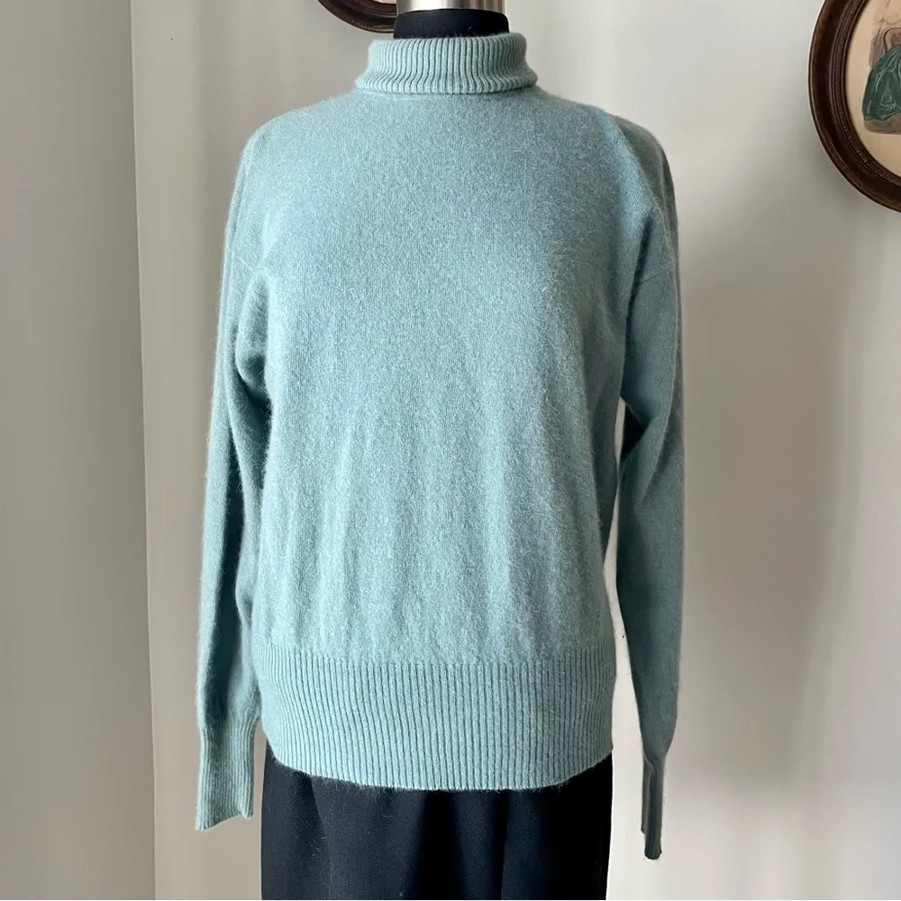 VINTAGE 1990s dusty teal angora turtleneck sweater Size M - Image 5