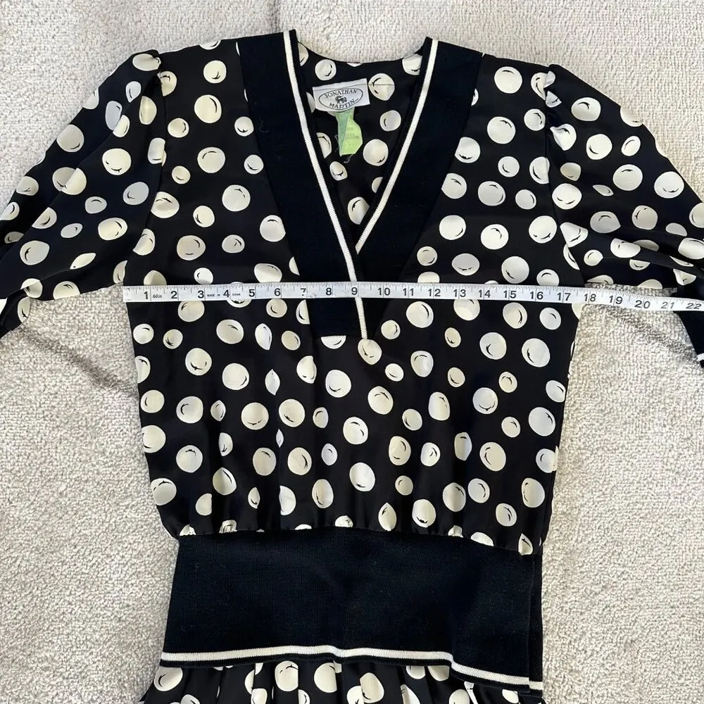 Vintage Jonathan Martin 70s Polka Dot V-Neck Dress Pleated Bottom Sz Med - Image 9
