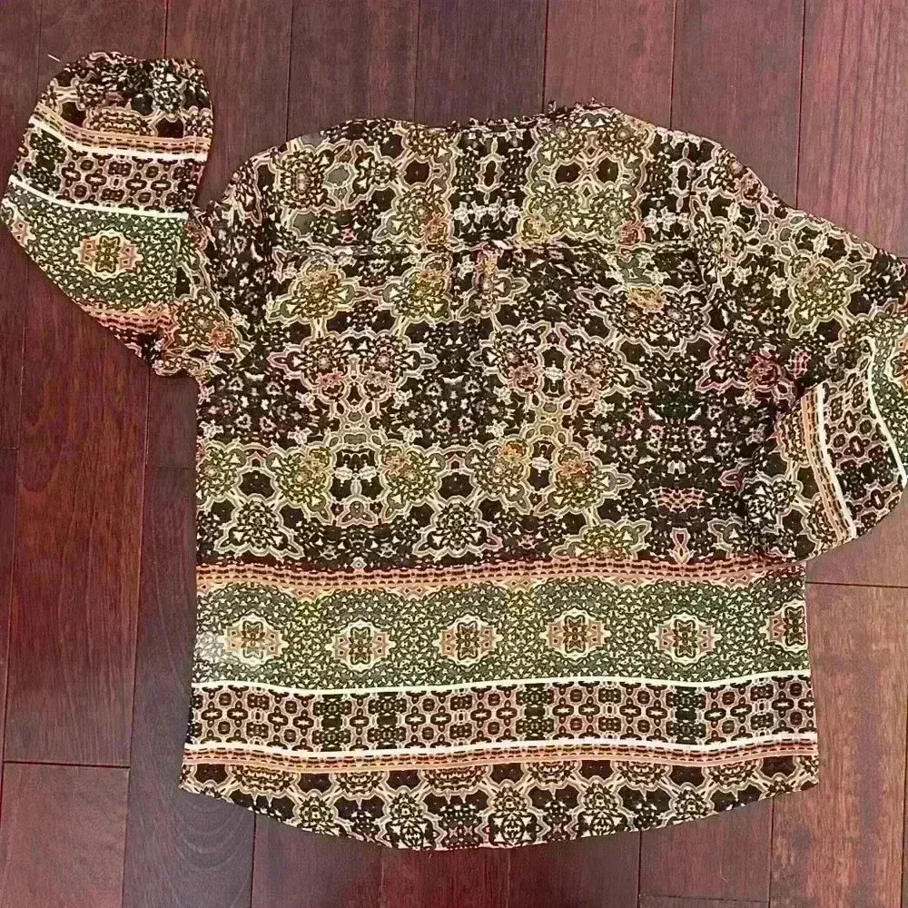 Democracy Women’s Boho Tie Front Tunic Top 3/4 Sleeve Sheer Shirt Blouse Size L - Image 4