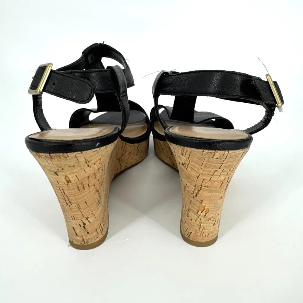 Franco Sarto Corridor Leather T-Strap Cork Wedge Sandals Black Size 7.5 - Image 6