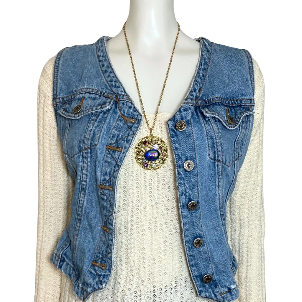 Vintage 70s Art Glass Iridescent Cabochon Gold Tone Medallion Necklace Boho 24” - Image 4