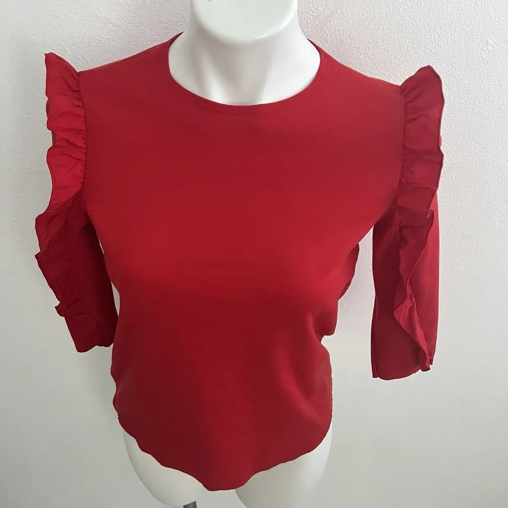 Zara Trafaluc Red Womens Top Ruffle Pull-on 3/4 Sleeve SMALL - Image 3