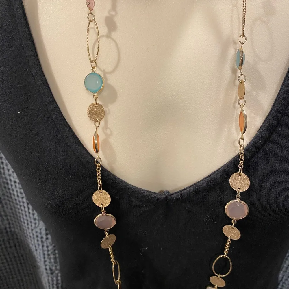Vintage Gold Pink and Teal Long Beaded Chain Necklace - Image 2