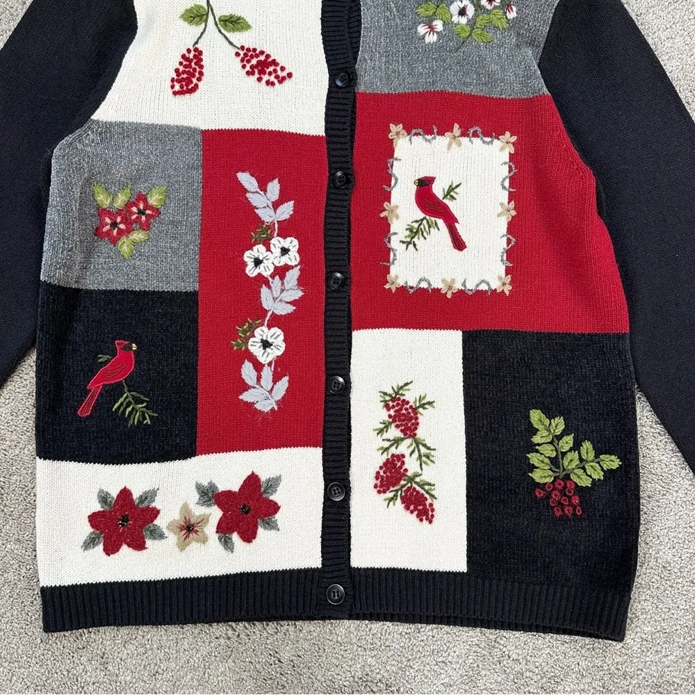 Alfred Dunner Vintage Cardigan Sweater Embroidered Birds Cardinal Grandmacore S Black - Image 4