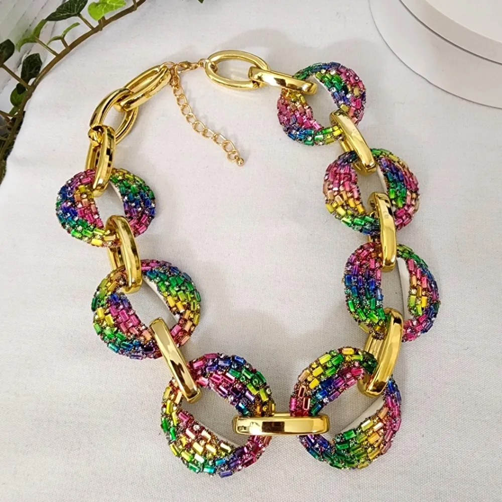 Chunky Colorful Acrylic Chain Link Necklace Gold - Image 2