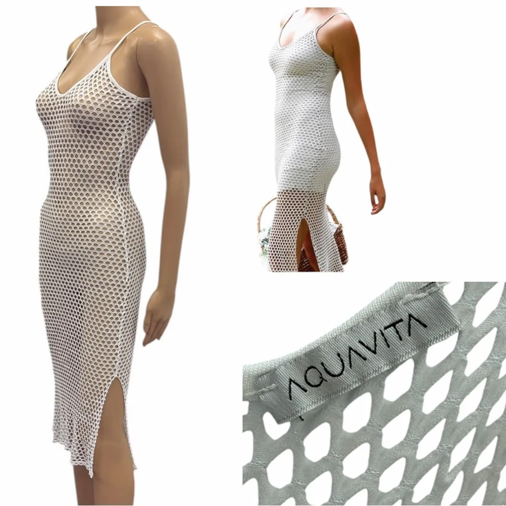 Aquavita White Open Mesh Net Midi Slit Coverup Dress Womens Small - Image 2
