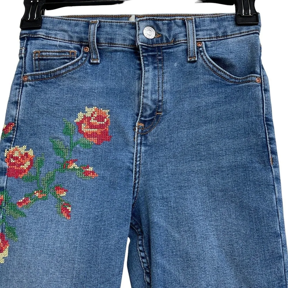 Topshop Moto SZ W26 Jamie Skinny Jeans Hi-Rise Stretch Floral Embroidery Blue - Image 2