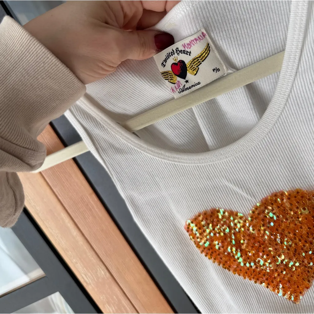Vintage Y2K beaded tank top ribbed scoop neck Twisted Heart sequined Orange - Image 3