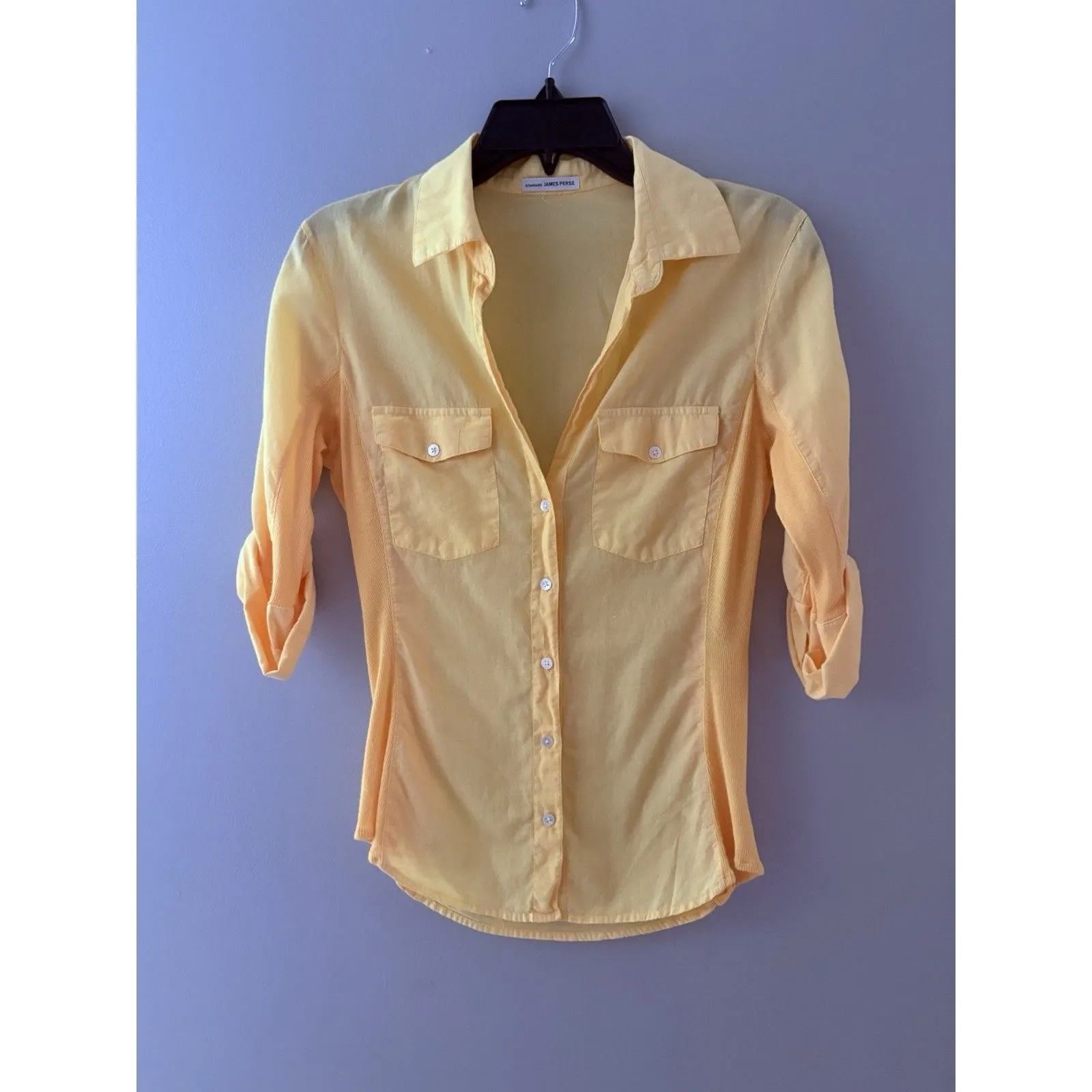 James Perse Shirt Womens 2 (M) Yellow Ribbed Slub Sides Roll Tab Sleeve Fitted - Image 15