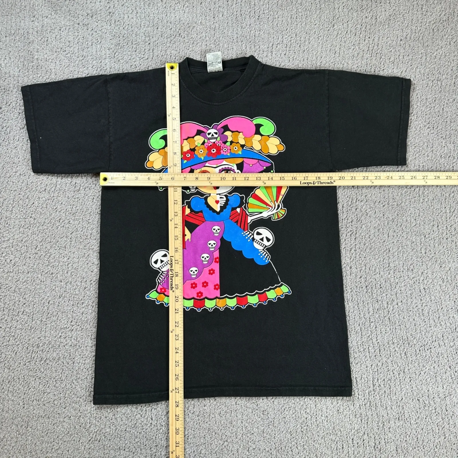 Frida Kahlo Inspired Skull Flowers Black T Shirt Womens Large Dia de Muertos Mex - Image 3