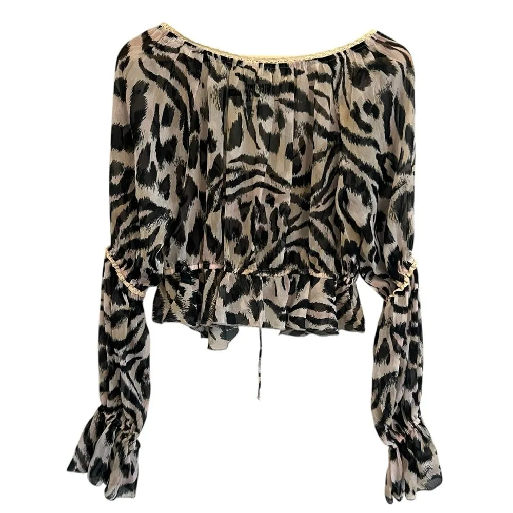 Reclaimed Vintage Womens Y2K Animal Print Crop Top Sz 8 Tie Front Boho Mob Wife Black - Image 3
