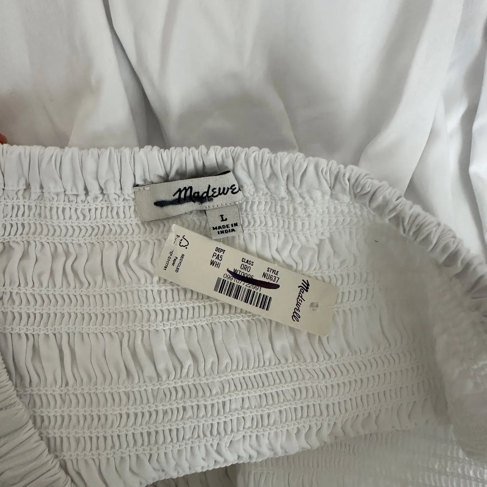 Madewell Smocked Waist Poplin Midi Skirt White A Line Cotton Pockets Large NWT - Image 9