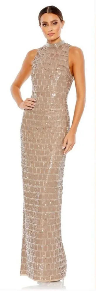 Mac Duggal Sequin High Neck Sleeveless Column Gown Dress 10907 Taupe 2 - Image 2