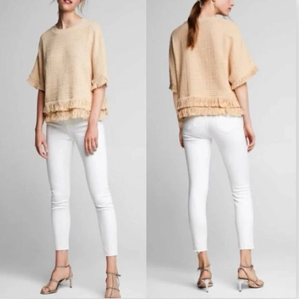Zara Cream Beige Tweed Knit Fringe Crewneck Short Sleeve Sweater Top Size XS - Image 4